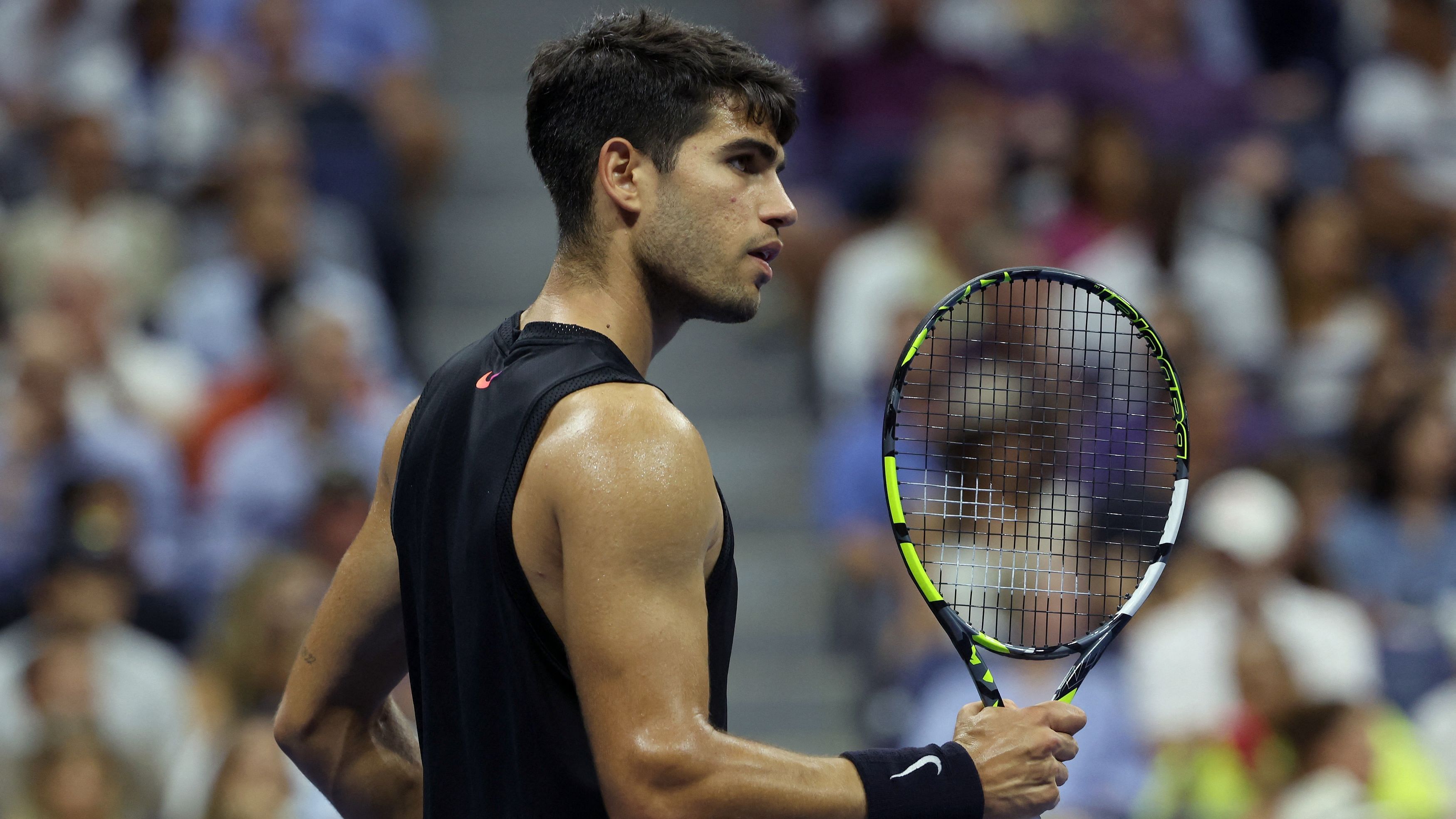 <div class="paragraphs"><p>Carlos Alcaraz of Spain celebrates during his first round match with Li Tu of Australia.</p></div>